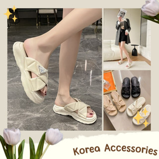Korean🧧 รองเท้าแตะ แบบสวม พื้นยางนิ่ม คาด 2 สาย สีพื้น 3 สี