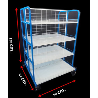 ชั้นวางสินค้า แบบ 2 ด้าน 4ชั้นรวมฐาน รุ่นปีกนก ขนาด 85x90x120cm. มีที่กันสินค้าตก มีล้อเลื่อน เคลื่อนย้ายสะดวก