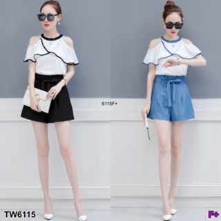 CS6115 Set 2 ชิ้น เสื้อเว้าไห่ล+กางเกงขาสั้นผูกโบว์ Set 2 pieces, off-the-shoulder top + bow-tie shorts