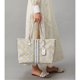 🎀(สด-ผ่อน) ขนาด 15.5 นิ้ว 82593 TORY BURCH T MONOGRAM CANVAS FLORAL VINE TOP ZIP TOTE