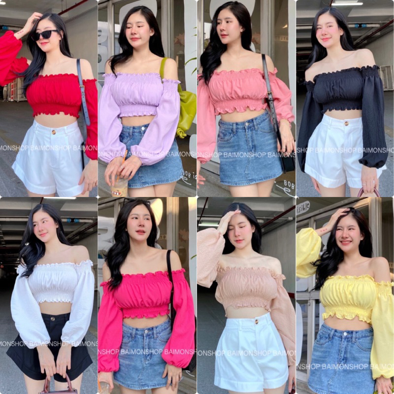 💰MahahengCloset 💰ครอปเปิดไหล่ แขนยาว งานมินิมอลน่ารักมากๆ 🌟(ปาดยาวหนังไก่)