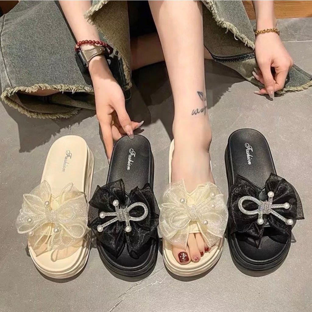 SUNBALEE🎀 รองเท้าแฟชั่นติดโบว์ รองเท้าแตะแฟชั่น งานประดับโบว์ขาวดำ สไตล์เกาหลี 🎀JN-888