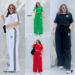 PP16985 Set #Bigsize 2 ชิ้น เสื้อครอปคอกลมแขนสั้น + กางเกงขายาวทรงกระบอก