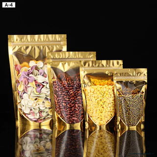 A-4 ถุงซิป ฟอยด์สีทอง (แพคละ 50ใบ) ด้านหน้าใส-ด้านหลังทึบ ตั้งได้