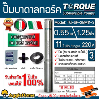 TORQUE ปั๊มบาดาล รุ่นTQ-SP-2BM11-3 (220V.) 1.25นิ้ว 0.55HP 11ใบ (สายไฟ 3X1 + ฝาบ่อ1.25นิ้ว+กล่องคอนโทรล) บาดาล