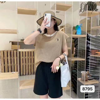 (พร้อมส่ง/8795#)เสื้อไหมพรมแขดกุดลายตระข่าย เสื้อกล้ามไหมพรม เสื้อไหมพรมแขนสั้นคอกลม งานปักเล็กน้อย ดีไซน์สวยงาม ทันสมัย