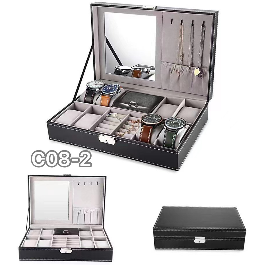 กล่องนาฬิกา กล่องใส่นาฬิกา+เครื่องประดับ PUหนังสีดำคลาสสิก Leather Watch Box - รูปที่ 2