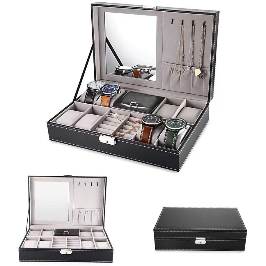 กล่องนาฬิกา กล่องใส่นาฬิกา+เครื่องประดับ PUหนังสีดำคลาสสิก Leather Watch Box - รูปที่ 4