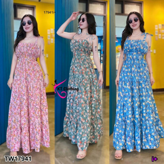 MM17941 เดรสสายเดี่ยวผูกไหล่ ลายดอกไม้ โบว์ผูกหลัง	One-shoulder strap dress, floral pattern, bow tie back