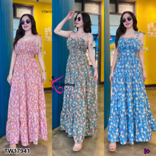 B17941 เดรสสายเดี่ยวผูกไหล่ ลายดอกไม้ โบว์ผูกหลัง One-shoulder strap dress, floral pattern, bow tie back