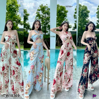 MM18769 set 2 ชิ้น เสื้อเกาะอก แต่งผูกโบว์ + กางเกงขายาว Set of 2 pieces. Strapless shirt decorated with bow + long pant