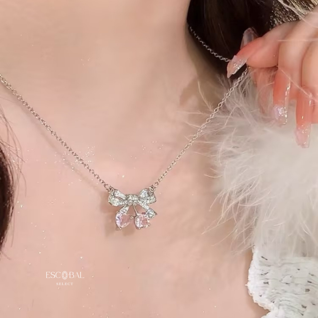 ESCOBAL สร้อยคอเงินแท้ pink bow สร้อยเพชร - รูปที่ 5
