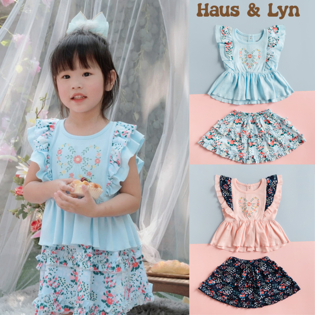 Haus&Lyn - ชุดเซ็ทเด็กผู้หญิง เสื้อแขนระบาย กระโปรงเด็กผู้หญิง ลายดอกไม้ ชุดสีฟ้า ผ้าคอตต้อน ชุดเด็กผู้หญิงอายุ 1-5 ปี
