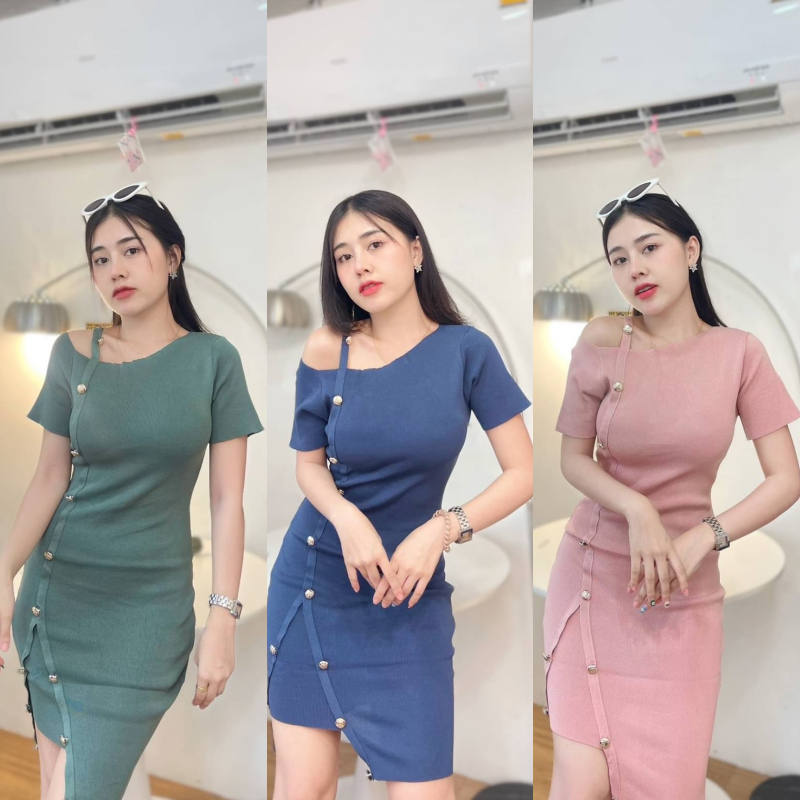 🌈 SpinnyHouse 🌈เดรสไหมพรม แต่งกระดุม ไม่โป๊ ใส่ทางการได้ มีลูกเล่นช่วงไหล่ ผ้ายืดตามตัว สาวอวบใส่ได้น้า รุ่น หน้าฝน