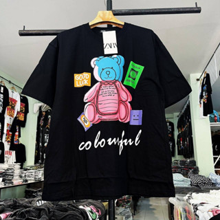 เสื้อยืดสกรีนหน้า-หลัง ดำ&amp;ขาว ลายหมี ใส่ได้ทั้งชายและหญิง