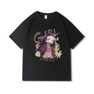 Ghost Slayer Anime แขนสั้น Nezuko พิมพ์เสื้อยืดแขนสั้นคู่รักสวมจดหมายฤดูร้อนผ้าเย็นด้านบน