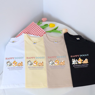 เสื้อครอป คอตตอน 100% สกรีนลาย Happy Doggy เสื้อยืดครอป Cotton