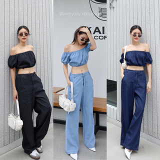 NEW IN !! Denim off-shoulder set 🩵💙🖤(530฿ฟรีส่ง) ชุดเซทปาดไหล่ผ้ายีนส์ รุ่นนี้ไม่มีไม่ได้ ตัวเสื้อปาดไหล่ แขนตุ๊กตา glam