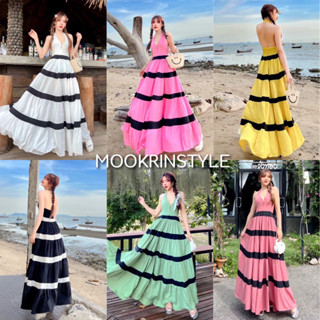 MOOKRINSTYLE เดรสลายริ้วคล้องคอคอ กระโปรงบาน งานสวย โชว์หลัง ใส่เดินทะเลชิวๆ maxidress