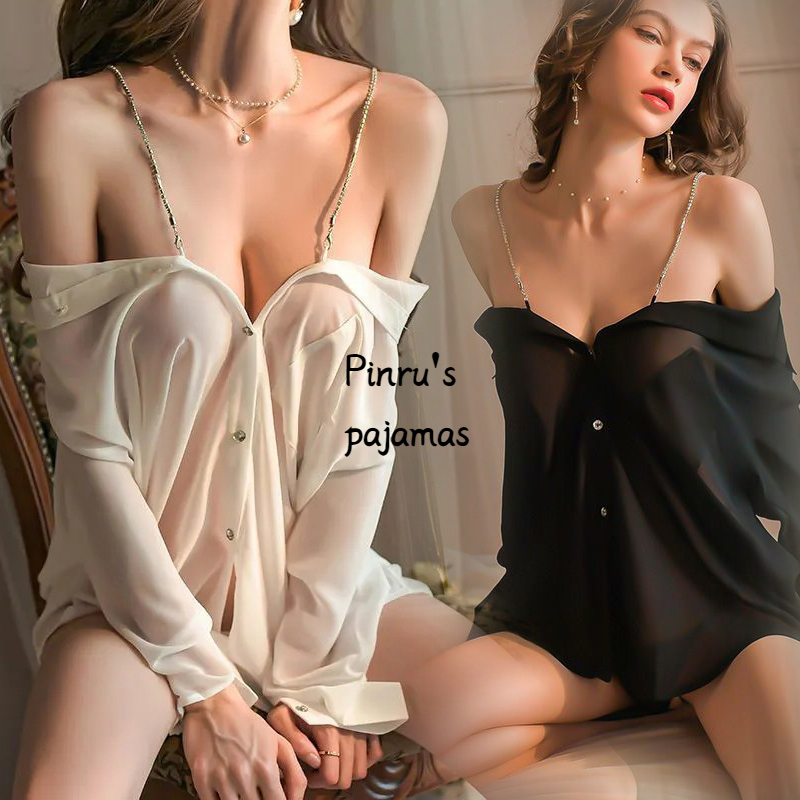 ชุดนอน 🎗เสื้อผ้าเซ็กซี่ผู้หญิง✨นอนใส่เสื้อแฟน🎗องค์ประกอบห่วงโซ่🚚ส่งไวจากไทย1-3วัน （H9132）