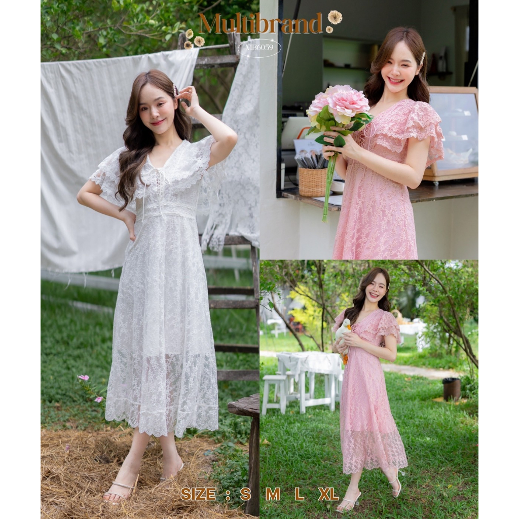 Iงานป้าย Multibrand 6059 {S-XL} (ป้ายแท้) มี 4 ไซส์ เดรสยาวลูกไม้ คอวีผูกเชือก แขนระบาย