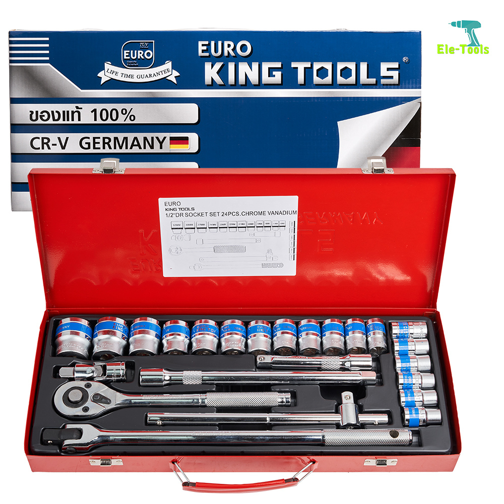 euro king tools ชุดเครื่องมือ ประแจ ชุดบล็อก 24 ชิ้น ขนาด 1/2 (4หุน) CR-V แท้