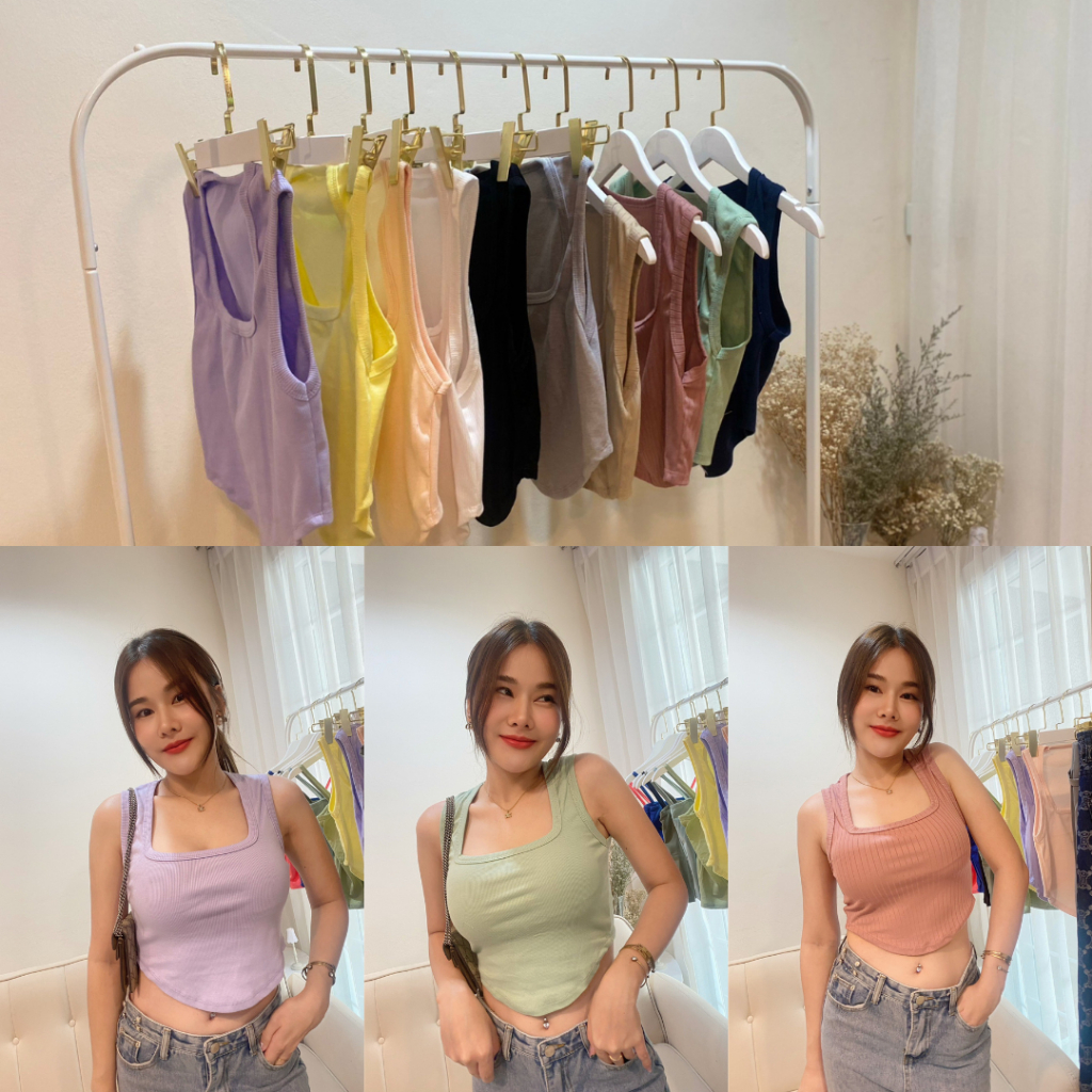 เสื้อกล้ามครอปคอเหลี่ยมตัวยู ขนาดฟรีไซส์ F เลือกสีได้ (KC)