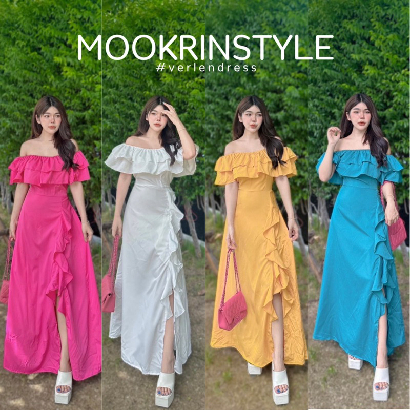 Mookrinstyle เดรสปาดไหล่เกาะอกแต่งระบายรอบ ชายกระโปรงผ่า มีสายผูกด้านหลัง ใส่ไปทะเล เดินชายหาด ถ่ายรูป สวยมาก maxidress