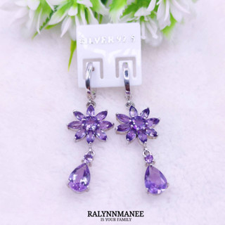 L6466 ต่างหูพลอยอเมทิสต์แท้ ( Amethyst ) แบบอิงลิชล็อค ตัวเรือนเงินแท้ 925 ชุบทองคำขาว