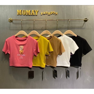 เสื้อยืดทรงครอปสุดชิค ดีเทลแต่งสกรีนลายน่ารัก ป้าย MOMAY(โมเม)