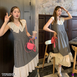 J18747 แม็กซี่เดรสยาว ลายสก็อต แขนกุด แต่งปกลูกไม้ Long maxi dress, sleeveless plaid pattern, decorated with lace collar