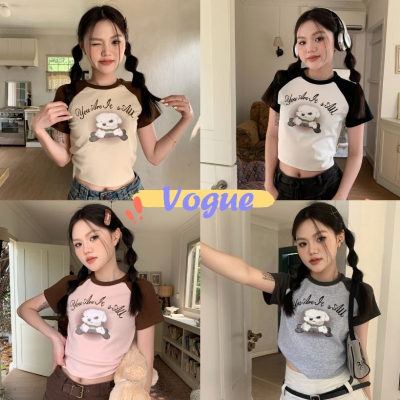 Vogue พร้อมส่ง เสื้อคอกลมแขนสั้นรัดรูป มีลวดลายน่ารักดีมาก (K62) -C