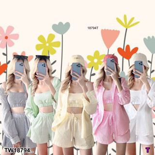 👗Pfashion [ส่งไวมาก🚛] P18794  Set 3 ชิ้น เสื้อเชิ้ต แขนยาว + สายเดี่ยว + กางเกงขาสั้น ..