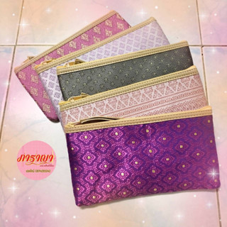💜🟣กระเป๋าใส่ดินสอ กระเป๋าใส่ปากกา ผ้าลายไทย มีสายคล้องหนัง
