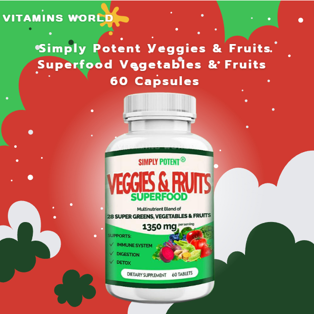 Simply Potent Veggies &amp; Fruits Superfood | Powerful Blend of 28 Organic Greens, Vegetables &amp; Fruits 60 Capsules (V.3051)