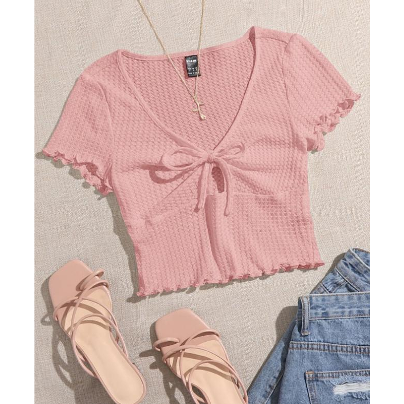 พร้อมส่ง เสื้อครอป แขนสั้น สีพื้น ผ้าถักวาฟเฟิล ผ้านุ่มนิ่ม ผูกโบว์ด้านหน้า ขอบหยัก No.swtee07210511064