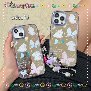 🌈Langton🌸สไตล์สร้อยข้อมือ ป้องกันการหล่น ขอบเต็ม iphone 11 14 pro max ผีเสื้อ พื้นผิวกระจก case for iPhone 12 13