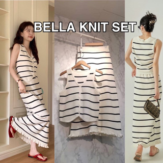 ชุดเซ็ทเสื้อแขนกุด พร้อมกระโปรงยาว ลายริ้วขาวดำ สไตล์เกาหลี BELLA KNIT SET