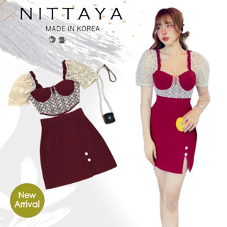 NITTAYAเชตเสื้อครอปแดงแขนตุ๊กตา(*รบกวนเช็คสต๊อกก่อนกดสั่งซื้อ)