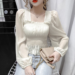 เสื้อแขนยาว คอเหลี่ยม สม็อคจั้มเอว สีพื้น