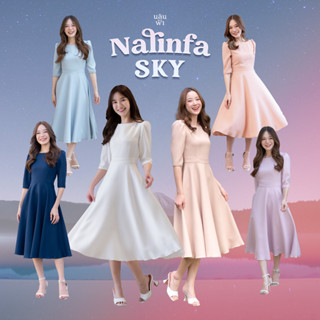 NALINFA  Sky (Creamy Peach/Blue/Pastel Pink/Smoky Blue/White/Beige) - เดรสแขนสามส่วน กระโปรงทรงย้วย