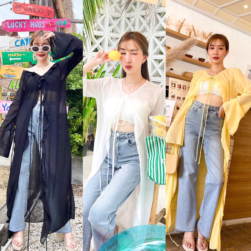 Teera พร้อมส่ง สวยเว้ออ! เสื้อคลุมชีฟอง ดีเทลผูกโบว์อก แต่งระบายรอบตัว ปลายแขนแต่งแขนกระดิ่ง Tanintra ไปทะเล