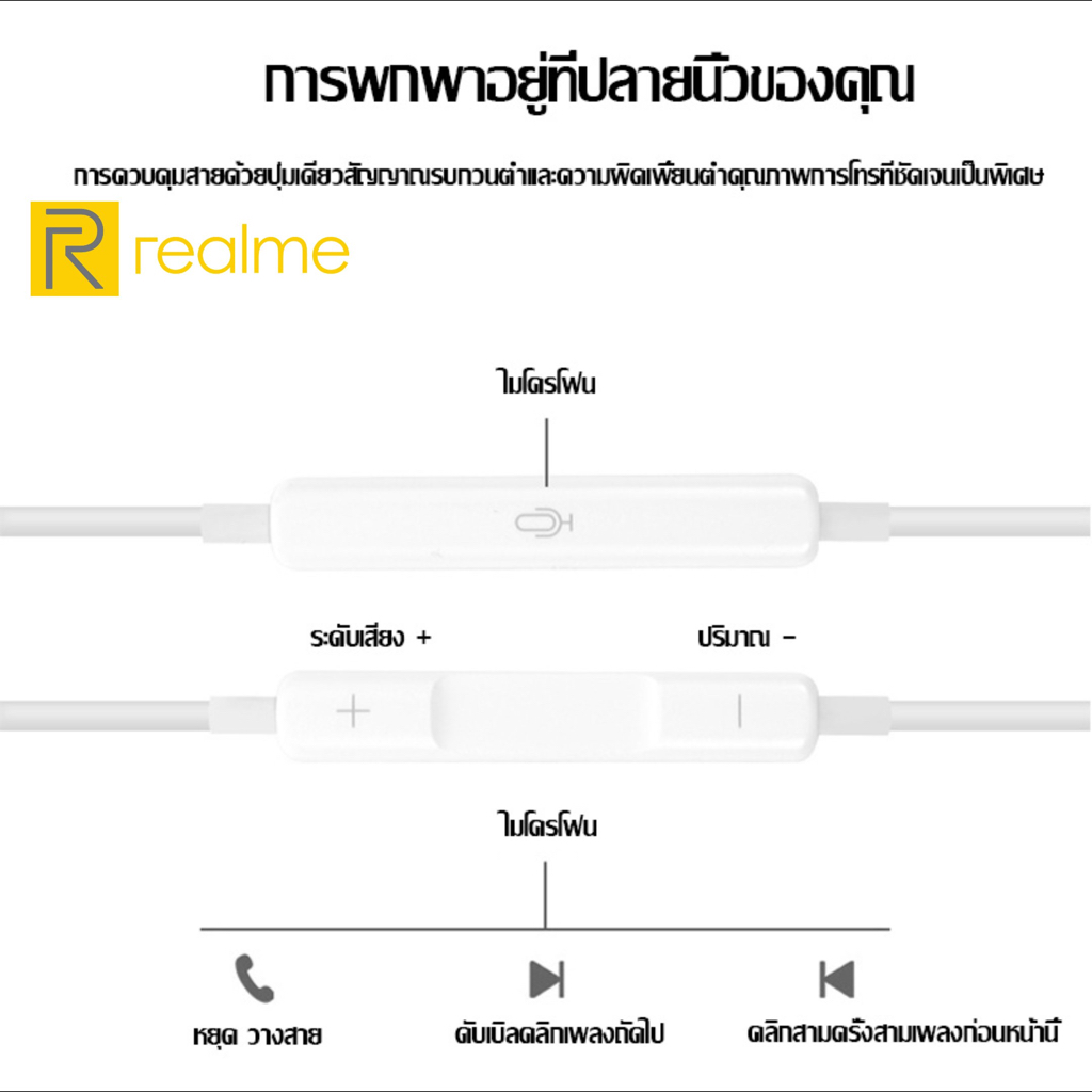 หูฟัง สมอลทอล์ค Realme Aux 3.5mm เรียลมี รูปทรงสวมใส่สบาย เสียงดี เบสนุ่ม เล่น-หยุดเพลง เพิ่ม-ลดระดับเสียง 10 Pro