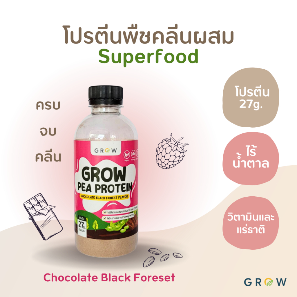 Grow โปรตีนพืช แบบขวด รสเบอร์รี่ช็อค ผสม Super Food ไม่มีน้ำตาล