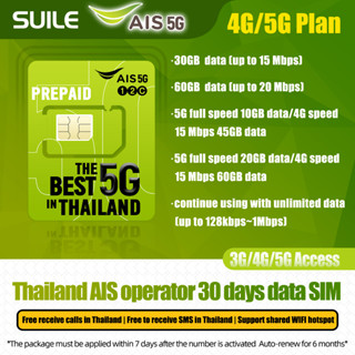 AIS 4G speed 15M/20M 5G full speed Thai number prepaid SIM Internet access for 30 days 30/55/60/80GB/month NO.3