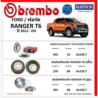 จานเบรค Brembo แบมโบ้ รุ่น FORD RANGER T6 ปี 2012 - ON (โปรส่งฟรี) สินค้ารับประกัน6เดือน หรือ 20,000กม.