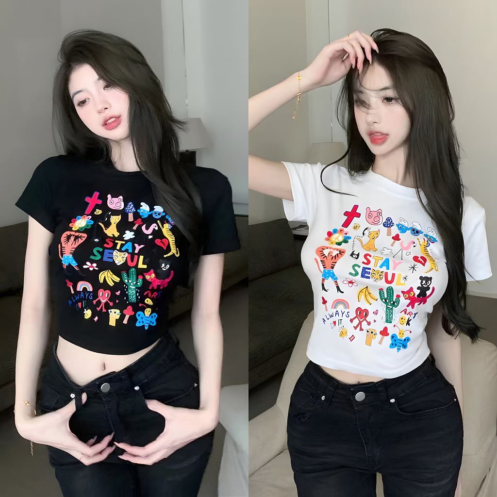 เสื้อครอป เสื้อผ้าแฟชั่นผู้หญิง ทรงสลิมฟิต ผ้าระบายอากาศดี สไตล์เกาหลี #20238