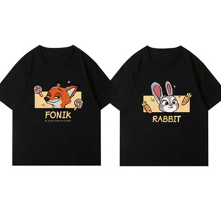 Sweet Rabbit Fox พิมพ์ชุดคู่ฤดูร้อนสไตล์เกาหลีเก๋เสื้อยืดแขนสั้นสีดำ ins