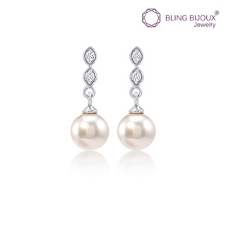 Bling Bijoux ต่างหูเงินแท้ 925 แบบห้อย ตกแต่งด้วยเพชร cz และ Freshwater Pearls (ไข่มุกน้ำจืดธรรมชาติสีขาว)