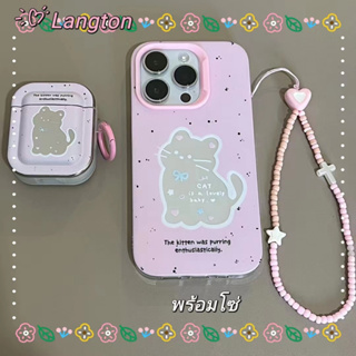 🌈Langton🌸สไตล์สร้อยข้อมือ การ์ตูน ลูกแมว สีชมพู iphone 11 14 pro max ป้องกันการหล่น เส้นขอบโปร่งใส case for iPhone 12 13